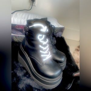 SOLD ELSEWHERE! — Demonia Shaker - Dolls Kill - Reflective Lace Platform Boot